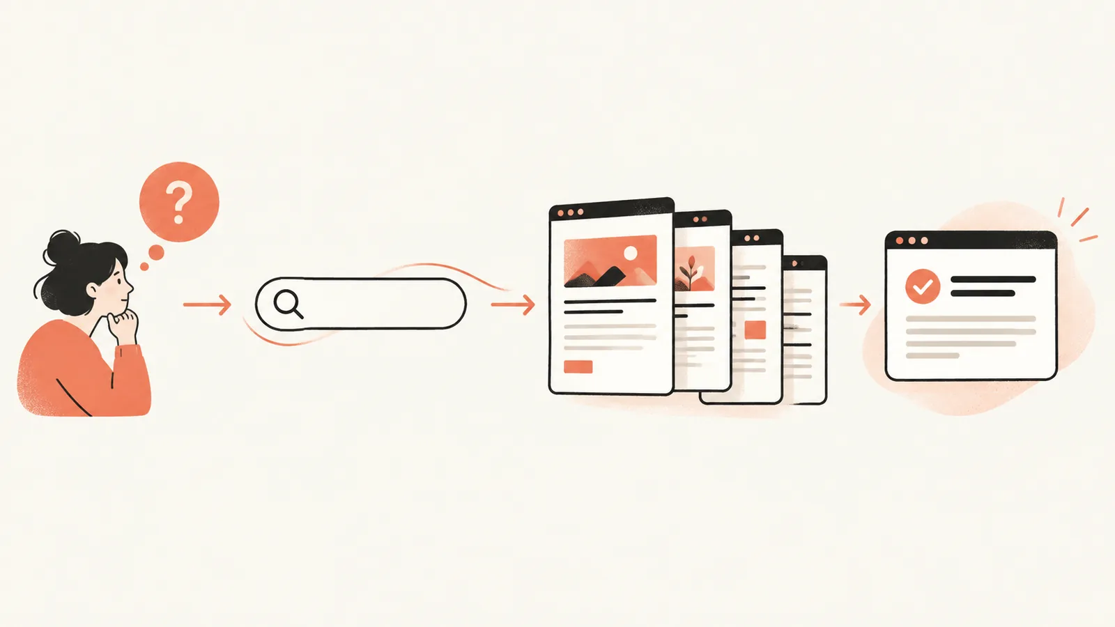 Illustration of how an AI search engine builds an answer: a person asks a question, the engine runs a web search, reads several pages, then writes one answer.